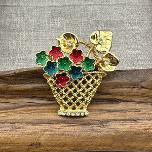 Vintage Gold Tone Enamel Clear Rhinestone Flower Basket Brooch Pin Openwork 1.75